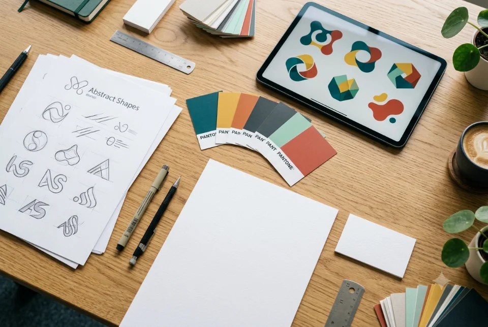 Abstract design desk with logo sketches, colour swatches and font samples, representing small business logo design