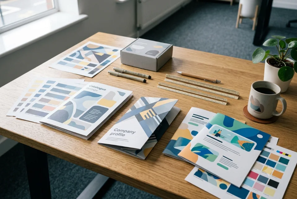 Abstract workspace with a laptop showing a multi-page company profile layout and printed brochure samples