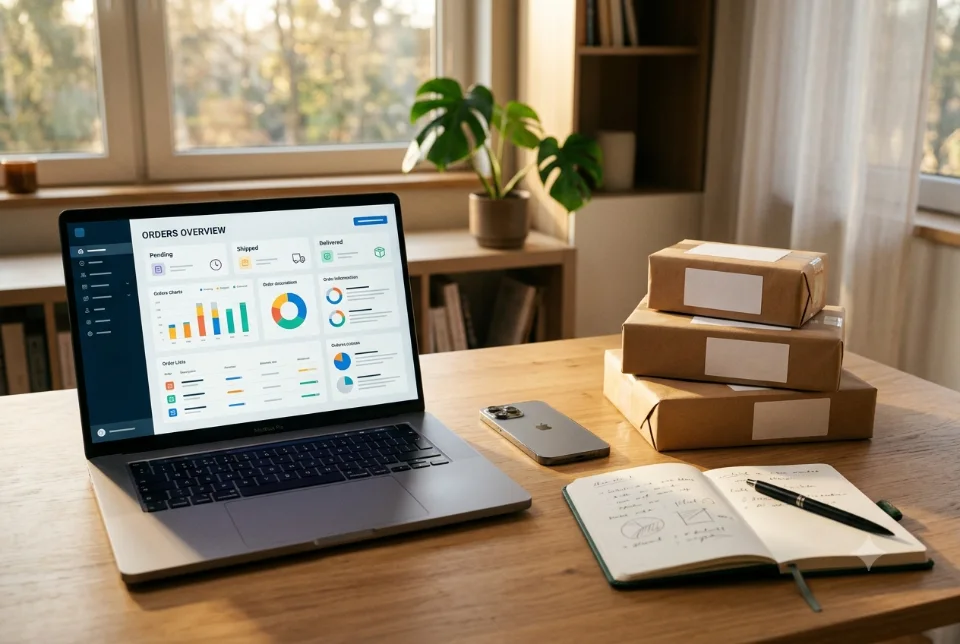 Abstract workspace with a laptop showing an online store dashboard and parcels