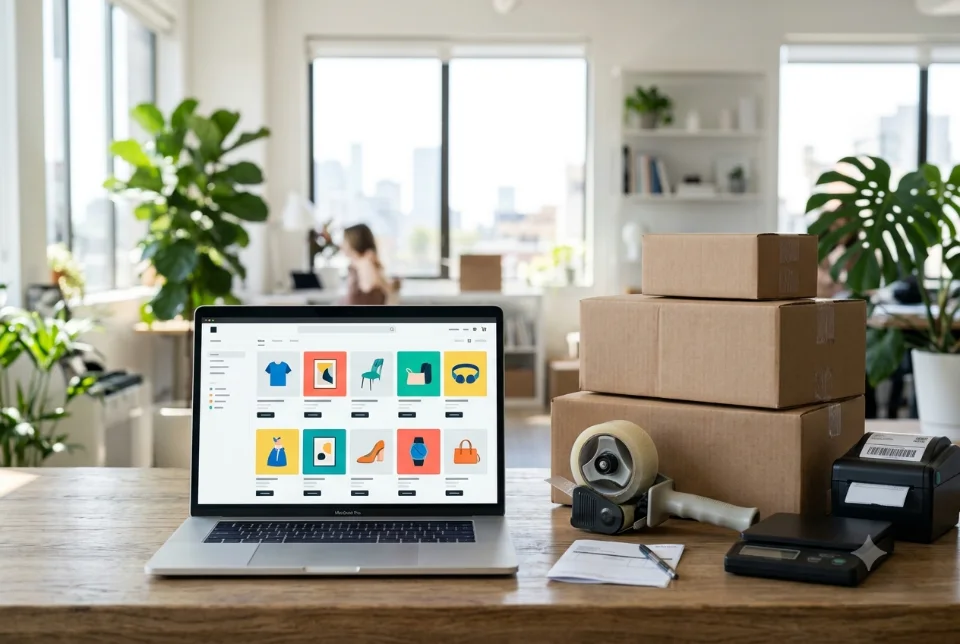 Abstract workspace with an online store layout on a laptop and phone