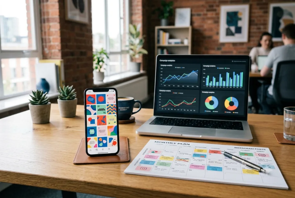 Abstract illustration of a laptop dashboard and social media icons representing dropshipping marketing channels