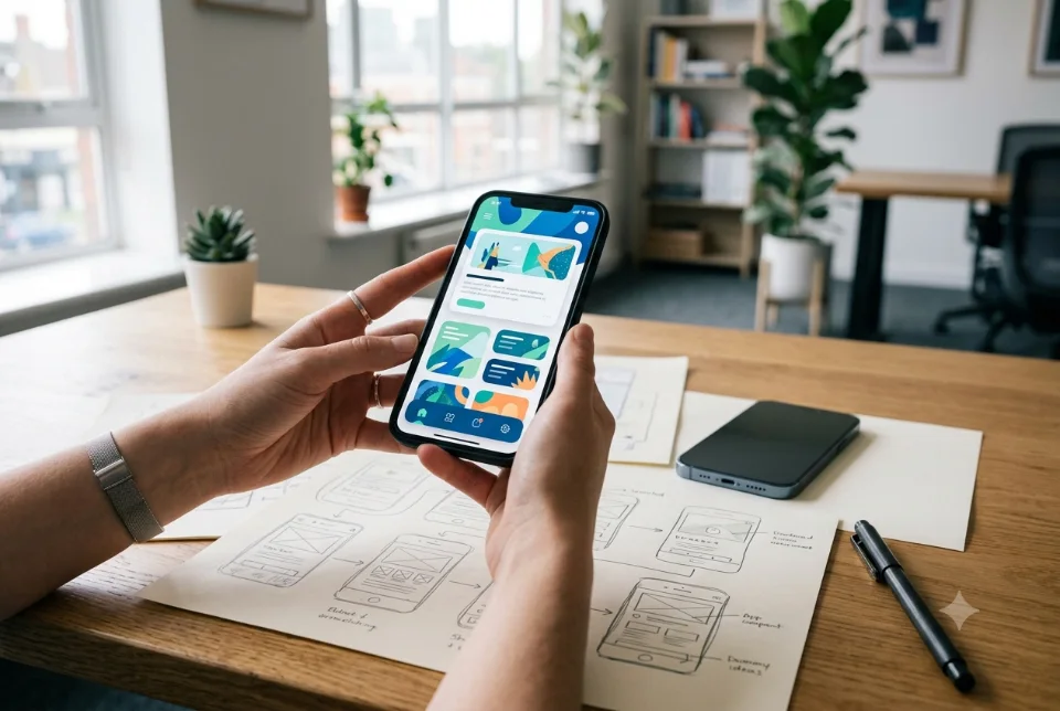 Abstract workspace with phone screens, wireframes and a budget sheet, no real brands