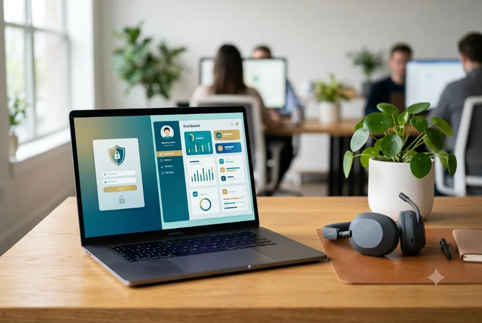 Abstract illustration of a secure login portal with dashboard panels, user roles and connected data blocks