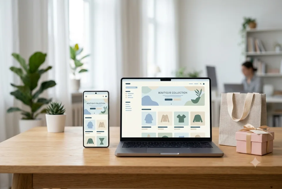 Abstract illustration of two online store dashboards side by side on laptop screens