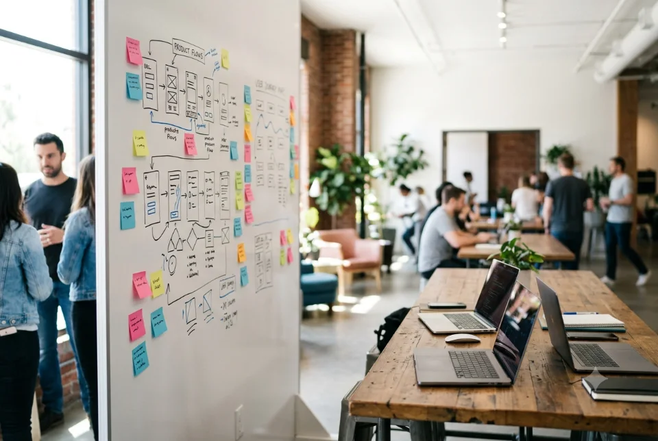 Abstract workspace with sketched app screens and a checklist, representing the steps of building a minimum viable product