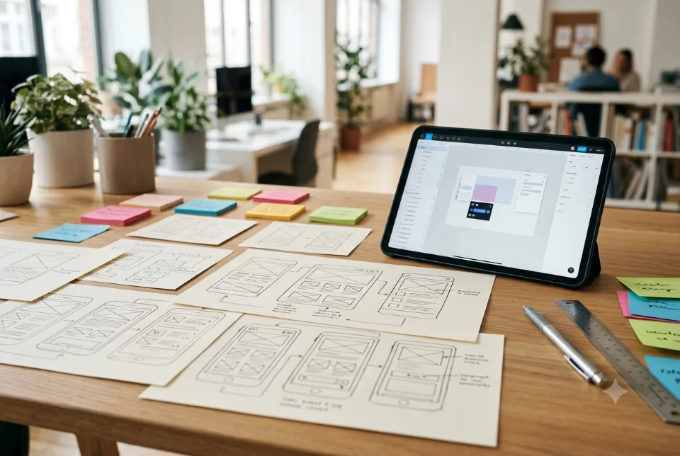 Abstract workspace with website and app screen layouts being reviewed on a desk