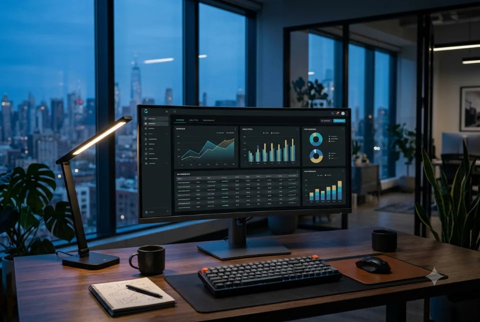 Abstract workspace showing a simple page layout beside a dashboard interface with charts and forms