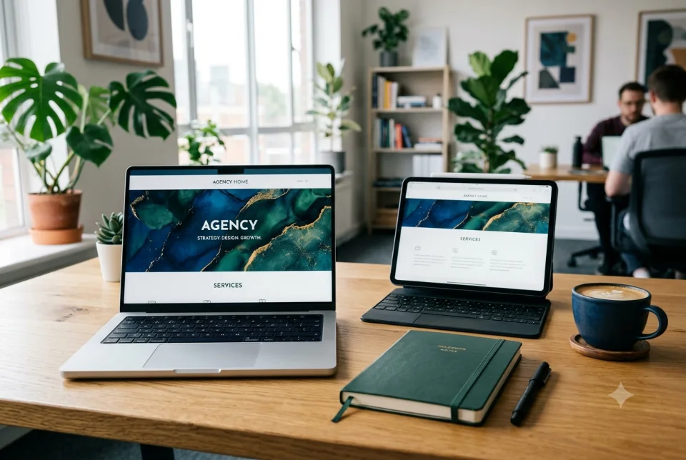 Abstract workspace with website wireframes on a laptop and a notepad of budget notes