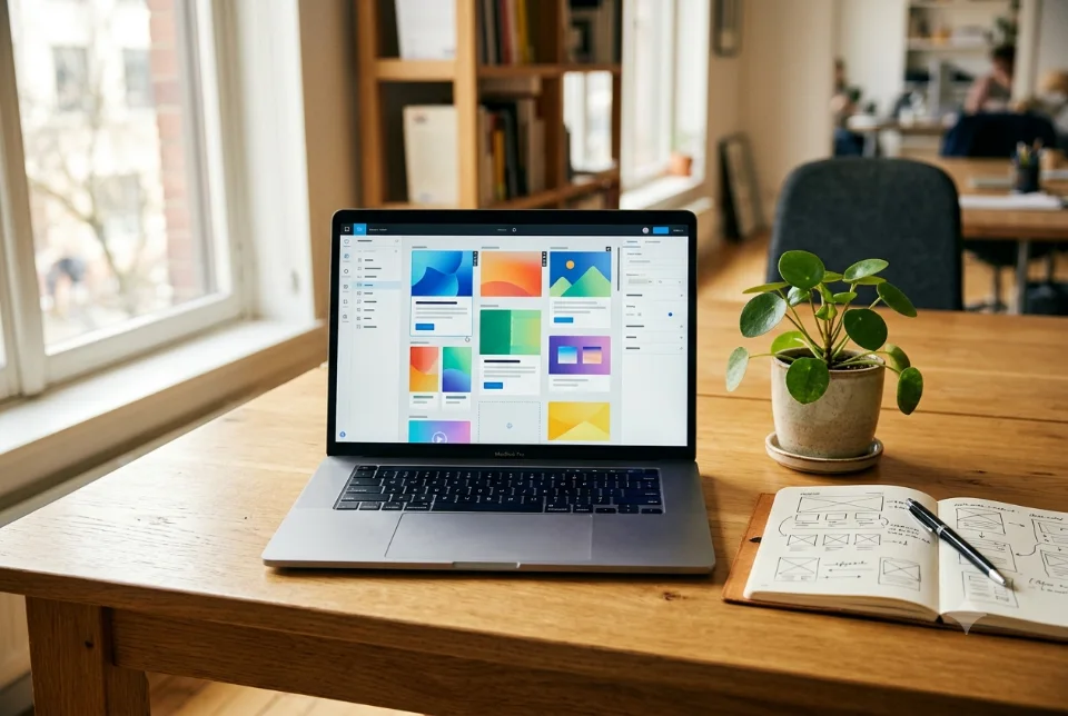 Abstract workspace showing a WordPress dashboard on one screen and code on another