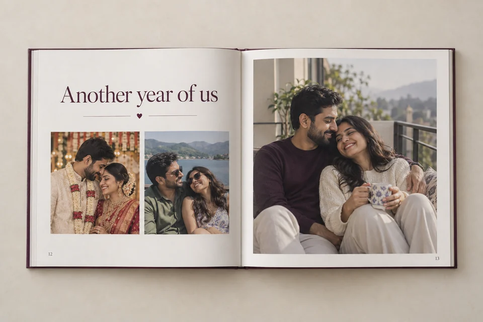 Sample printed photo book laid open on a table, showing a couple's anniversary photos and handwritten-style captions
