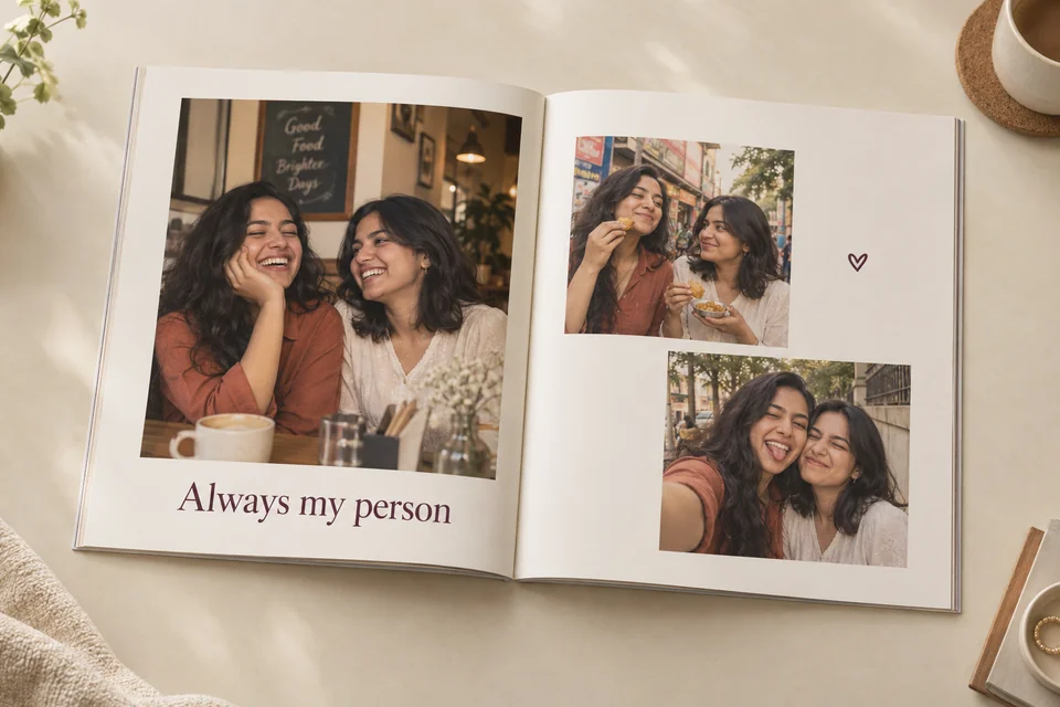 Sample AI-generated image of two best friends laughing together, with a printed friendship photo book prepared as a wedding gift