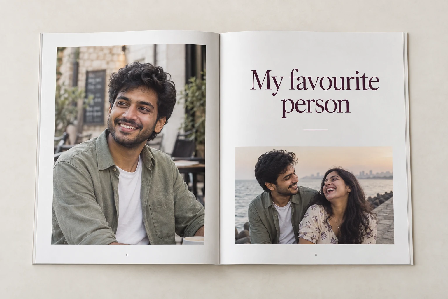 Open couple memory book with a young Indian couple and their photographs