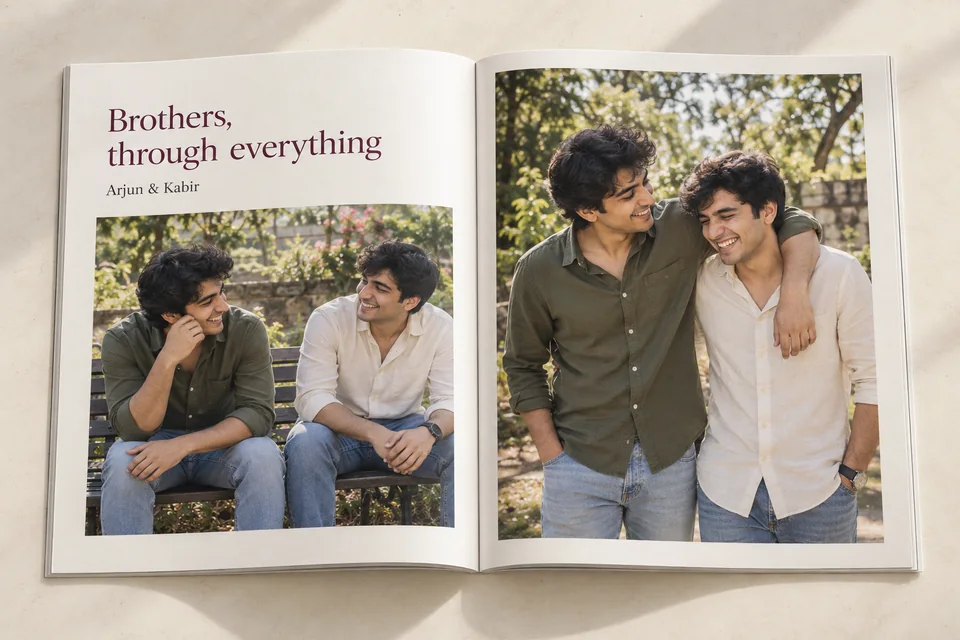 Sample photo book of two siblings from childhood pictures to wedding day, shown beside wedding invitation cards and marigolds