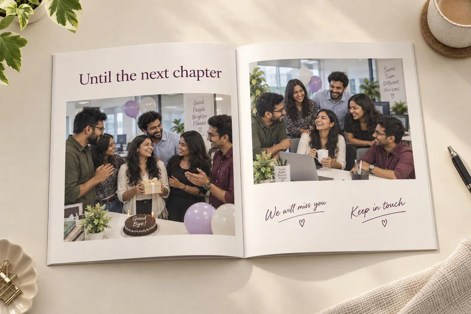 AI-generated sample of a printed photo book showing office team photos, open on a desk beside a coffee cup