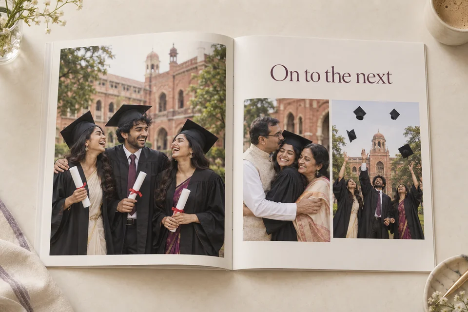 Sample printed school memory book open on a desk, showing class group photos, a teacher's note and friends' handwritten-style messages
