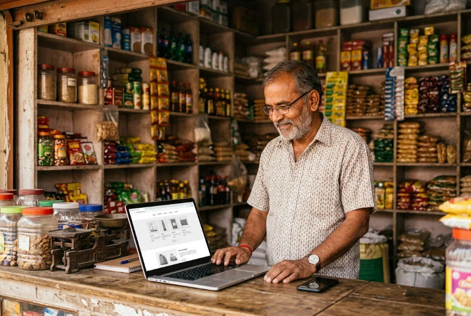 An Indian small shop owner standing at the shop counter looking at a laptop that shows a clean five-page website, shelves with products behind