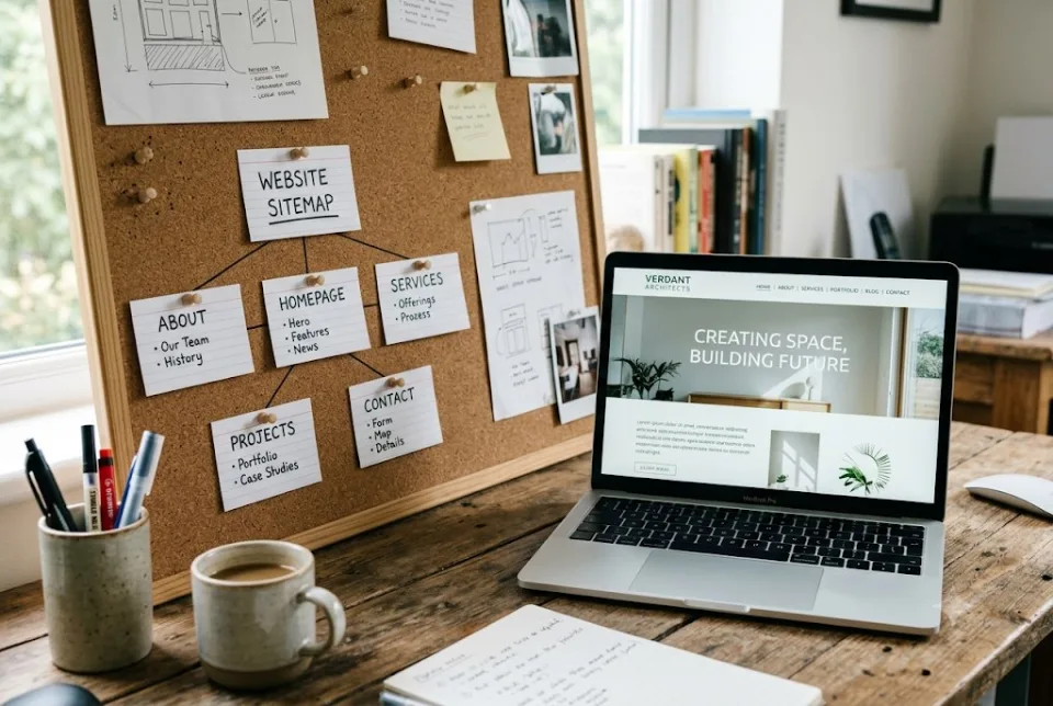 Abstract layout of five website page wireframes arranged on a desk workspace