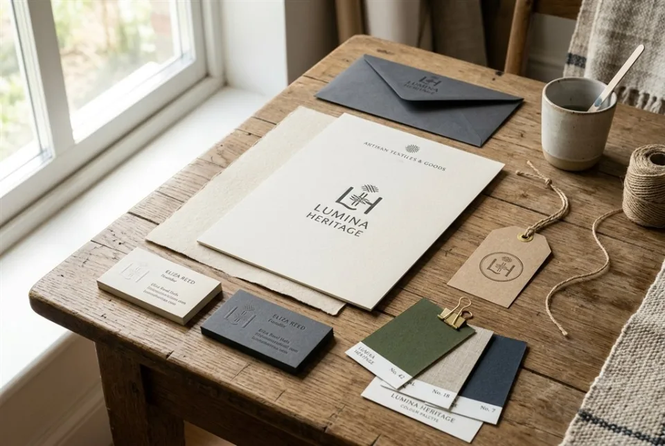 Abstract branding workspace with colour swatches, type samples and stationery mockups on a desk