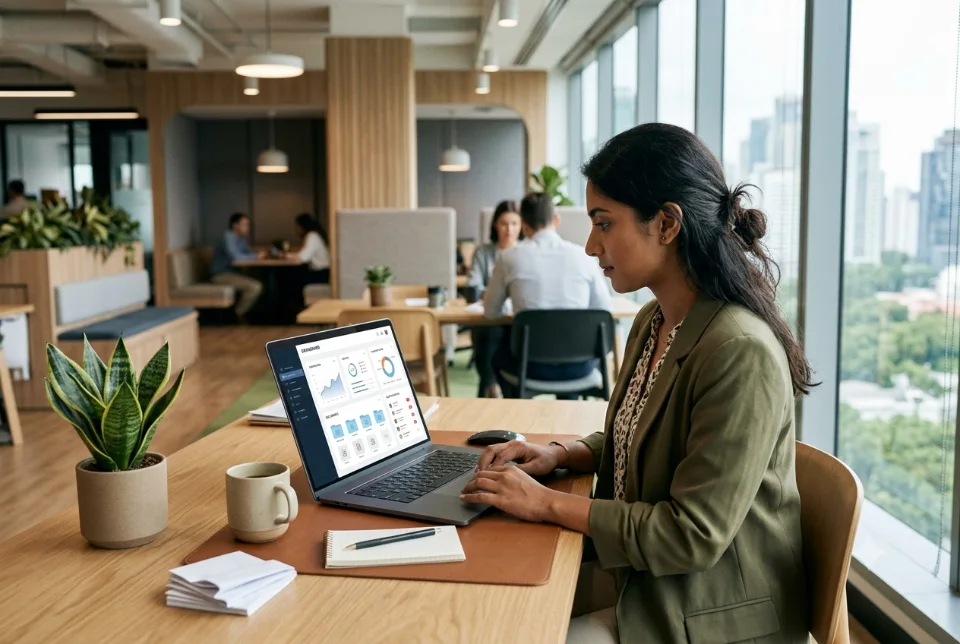A person at a desk using a client portal dashboard with documents and notifications on a laptop in a modern office