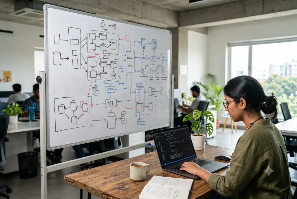 A whiteboard with system flow diagrams and boxes and a laptop with a code editor in a software office