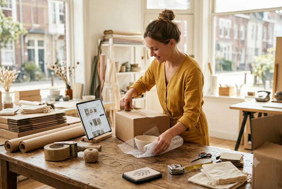 A woman packing a parcel at a table with a tablet showing an online store product page, packaging materials, bright room