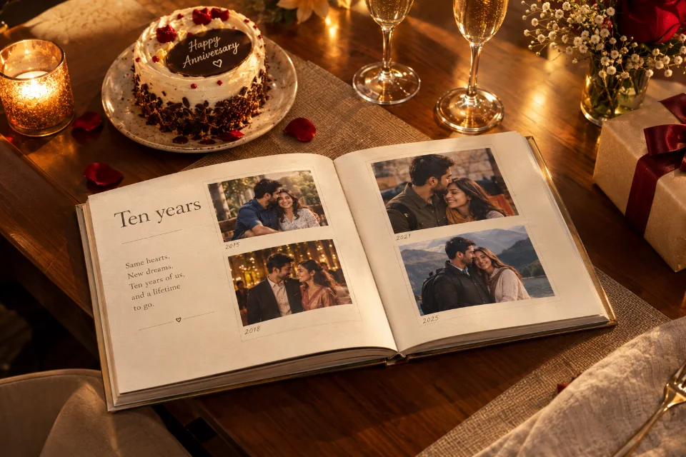 Sample image of an Indian couple celebrating a 10th wedding anniversary with a gift and a photo book