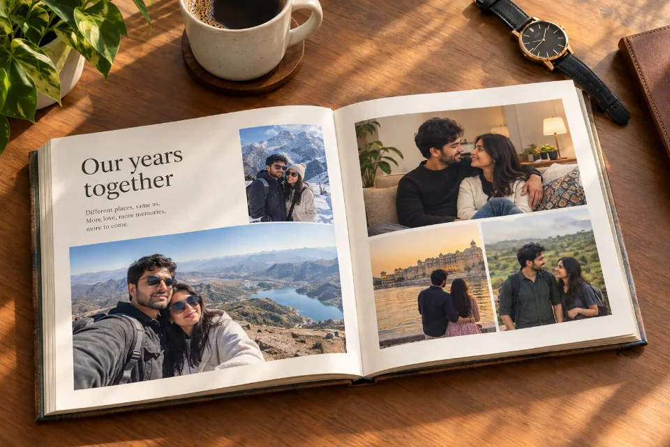 Sample illustration of a personalized photo memory book placed beside a wrapped anniversary gift for a husband
