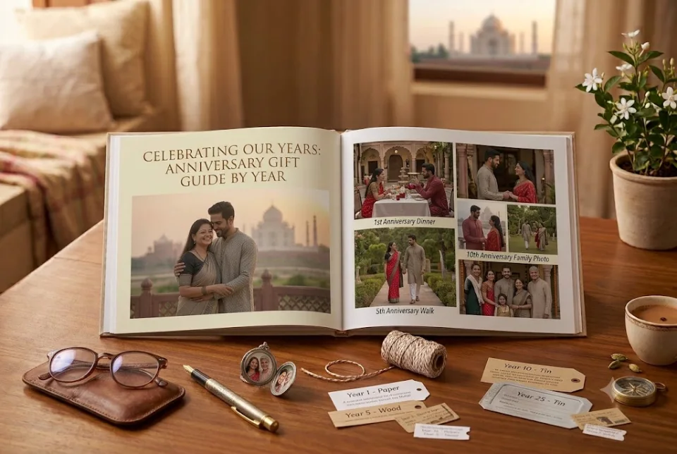 Anniversary memory book with a couple’s photographs