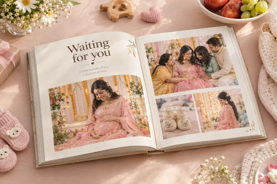 Sample image of a personalized photo memory book placed beside soft baby items as a baby shower gift