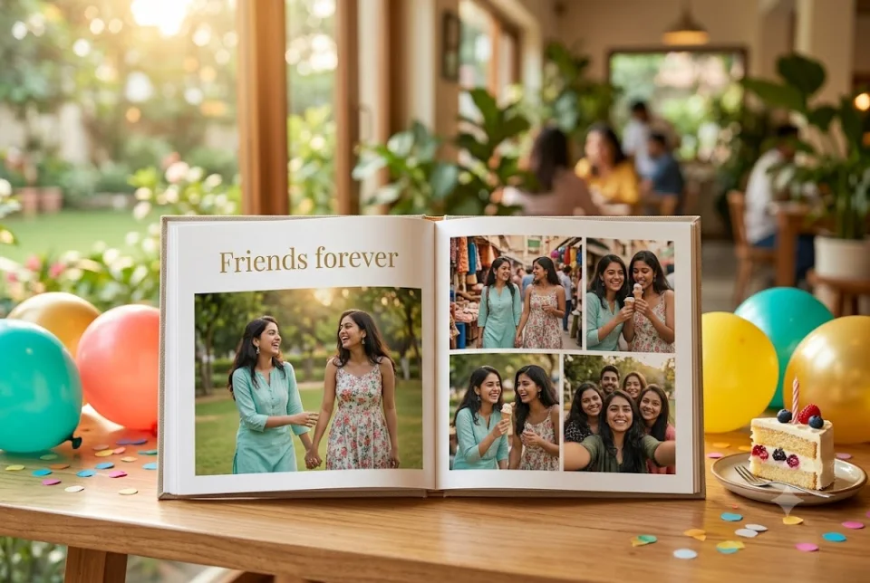 Sample printed photo book of two best friends laid out beside a birthday cake and small gifts