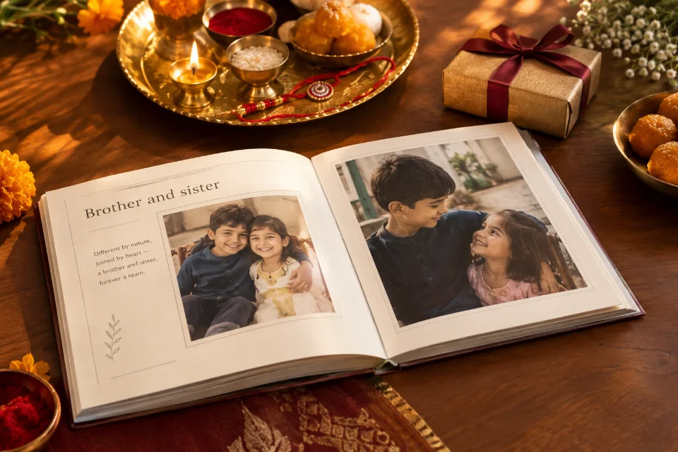 A sister handing a gift to her brother during a Bhai Dooj tika ceremony, AI-generated sample image