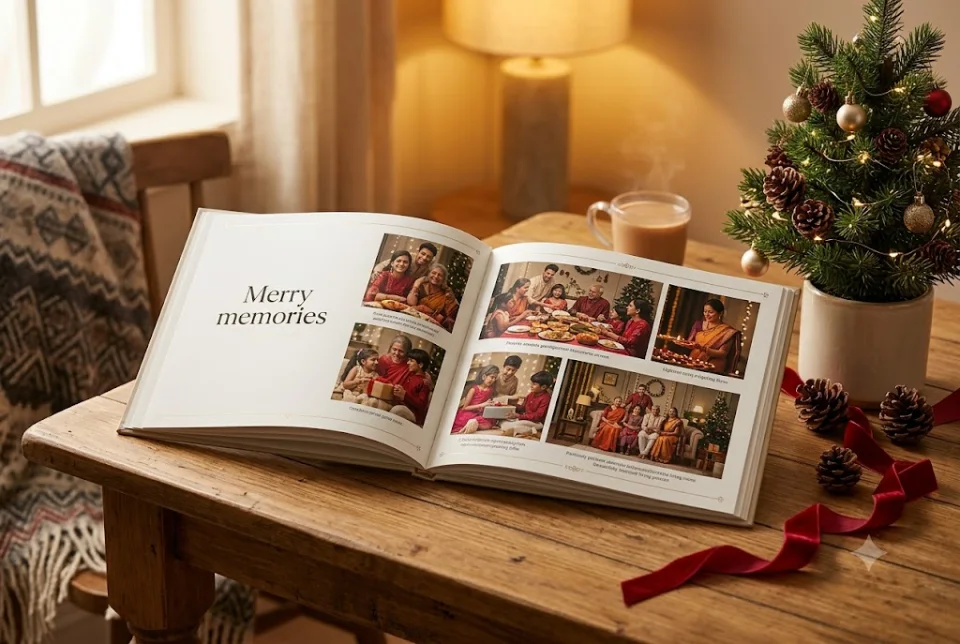 Sample photo memory book of friends and family laid out as a Christmas gift