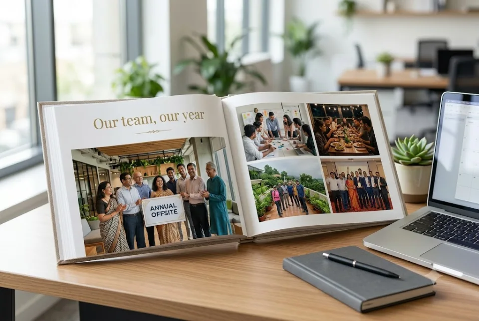Sample AI-generated image of a printed photo memory book given as a farewell gift to a colleague