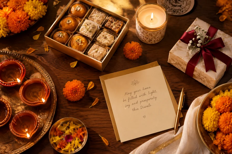 Sample image of friends exchanging Diwali gifts and sweets