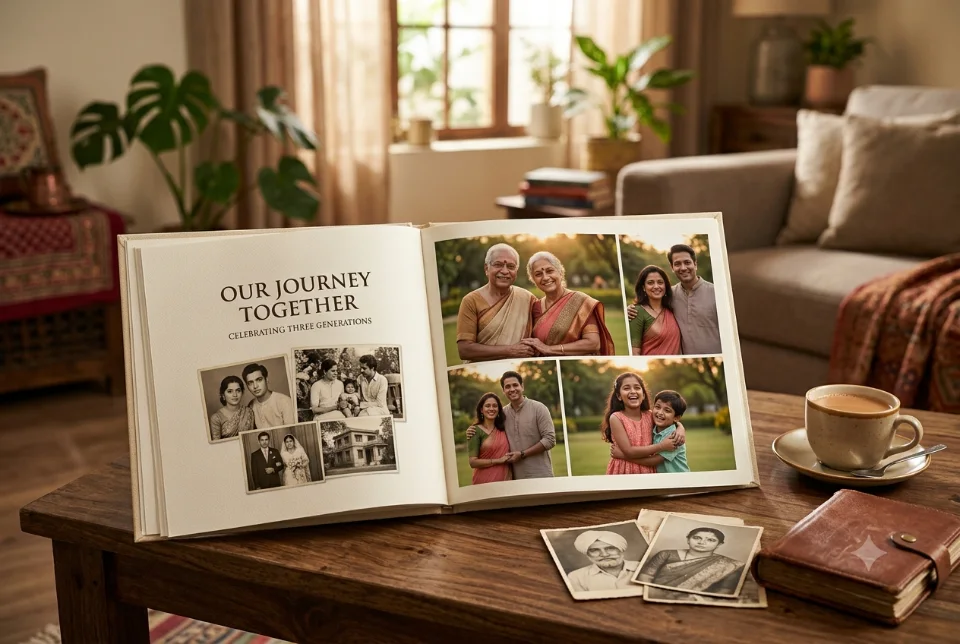 Sample image of an Indian family of three generations looking through a printed photo book together