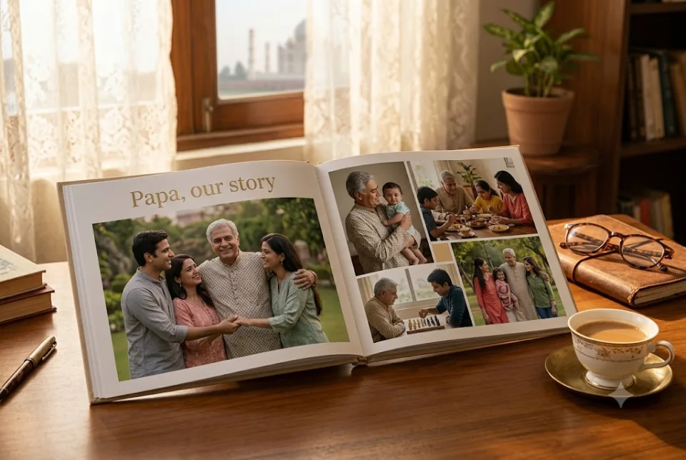 Sample illustration of a family celebrating a father's birthday with a printed photo book