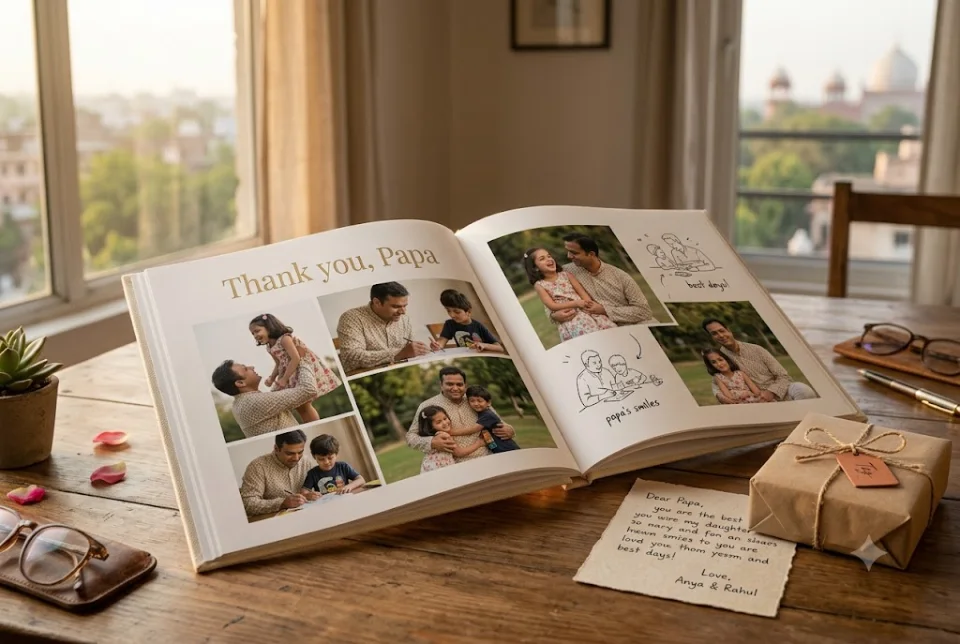 Sample illustration of a father and child looking through a printed photo book together