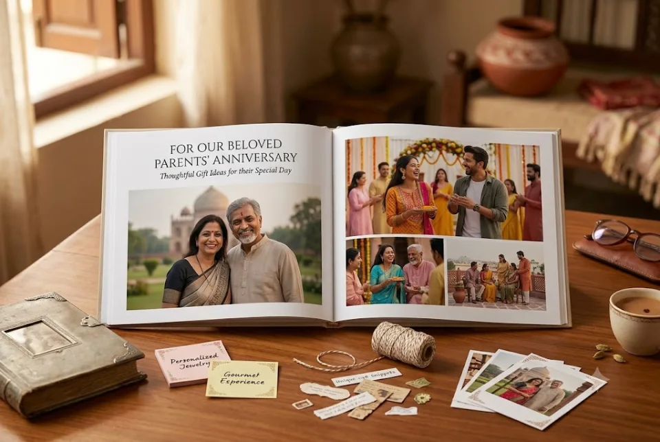 Family photo book for parents’ anniversary with old and new photographs