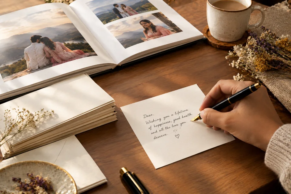A handwritten greeting card resting beside a printed photo book on a table
