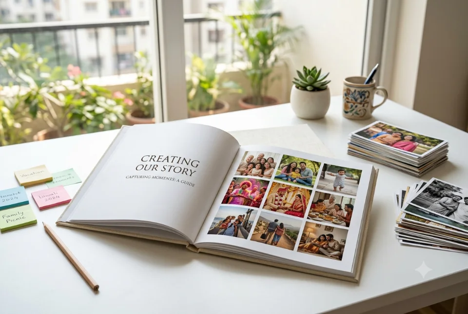 Sample image of a printed photo book open on a table with pages of family photographs