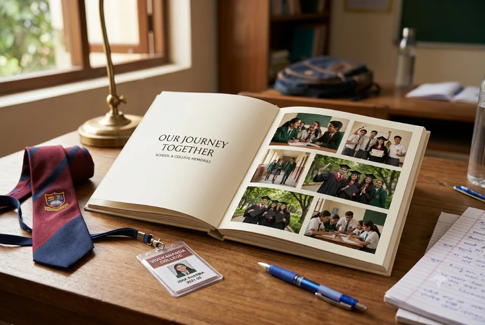 Sample image of Indian students signing a printed memory book on their last day of college
