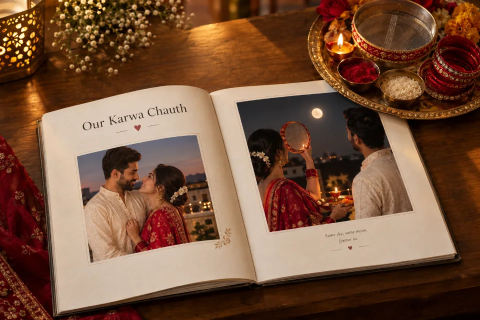 Sample AI-generated image of a husband giving a gift to his wife on Karwa Chauth