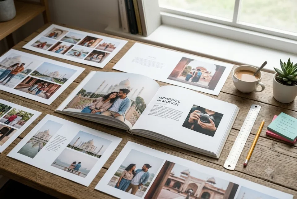 Sample anniversary photo book open on a table showing a clean two-page spread with one large photo and a short caption