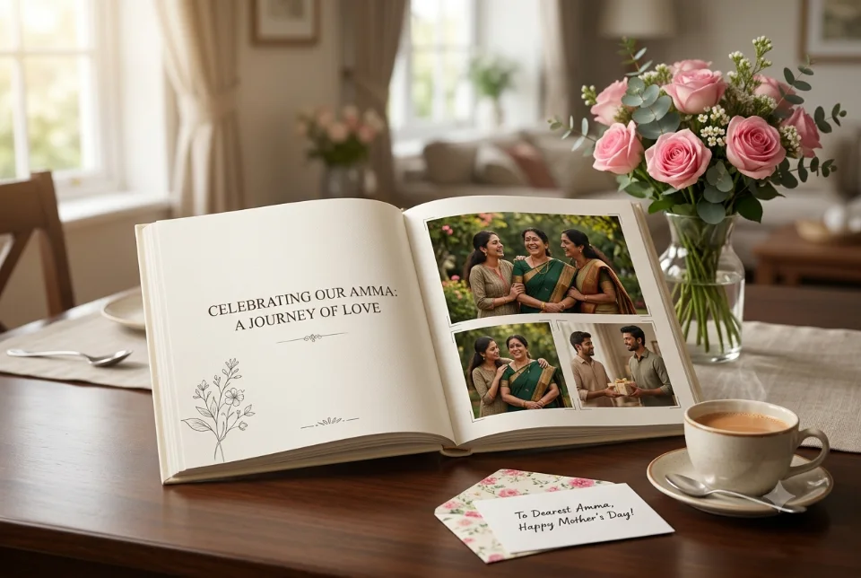 Sample image of an Indian mother opening a Mother's Day gift and a personalised photo book with her family