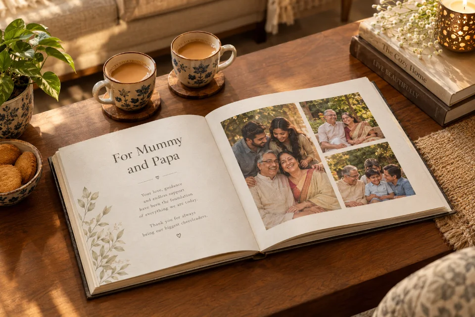 Sample illustration of a printed photo memory book being opened by a happy Indian couple at home