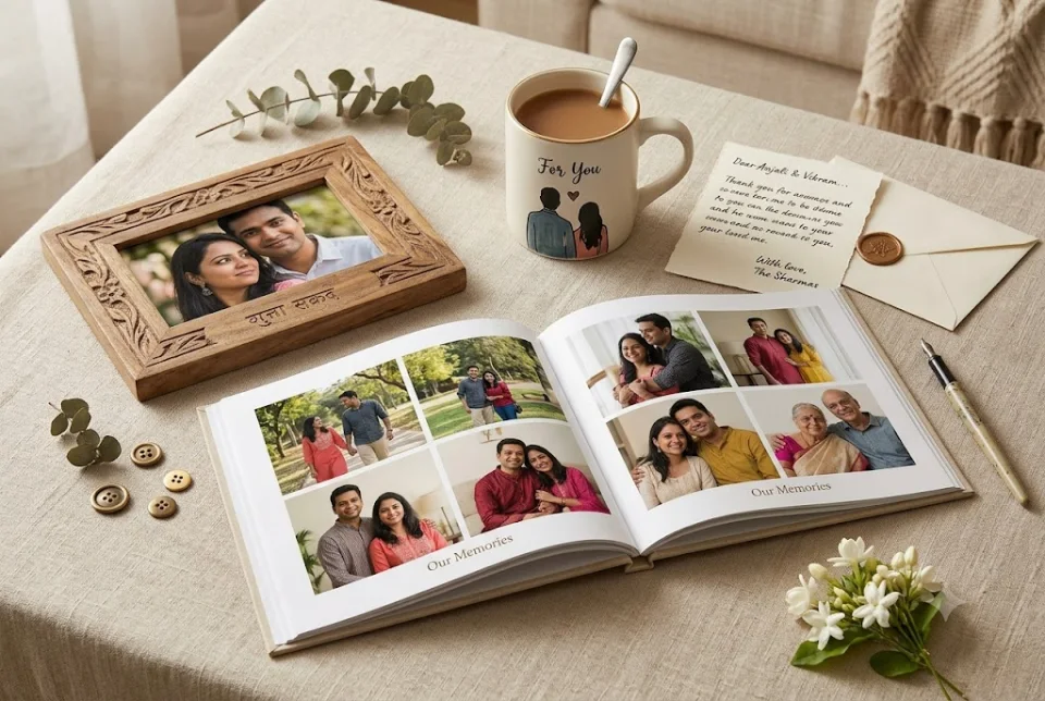 A sample personalized gift flat lay with a printed photo book, framed photo and handwritten card