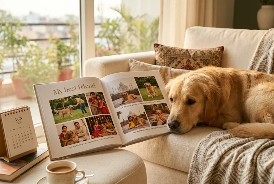 Sample illustration of a personalized pet photo book lying open beside a cosy home setting