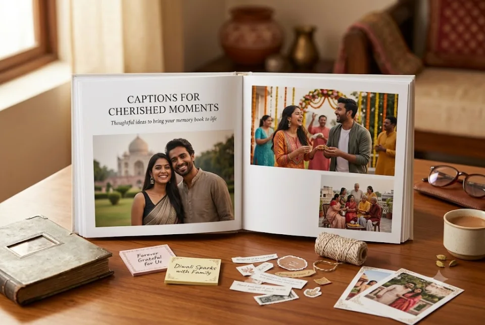 Friendship photo book with captions on a hill trip page