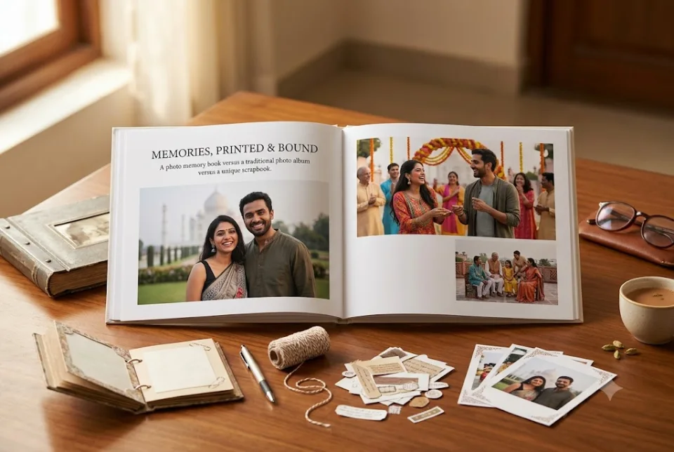 Open printed photo book with editorial page layouts