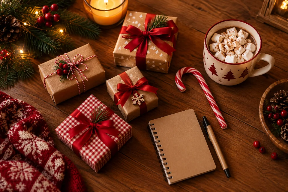 Friends laughing together while exchanging small wrapped gifts, a sample image for a Secret Santa gift exchange